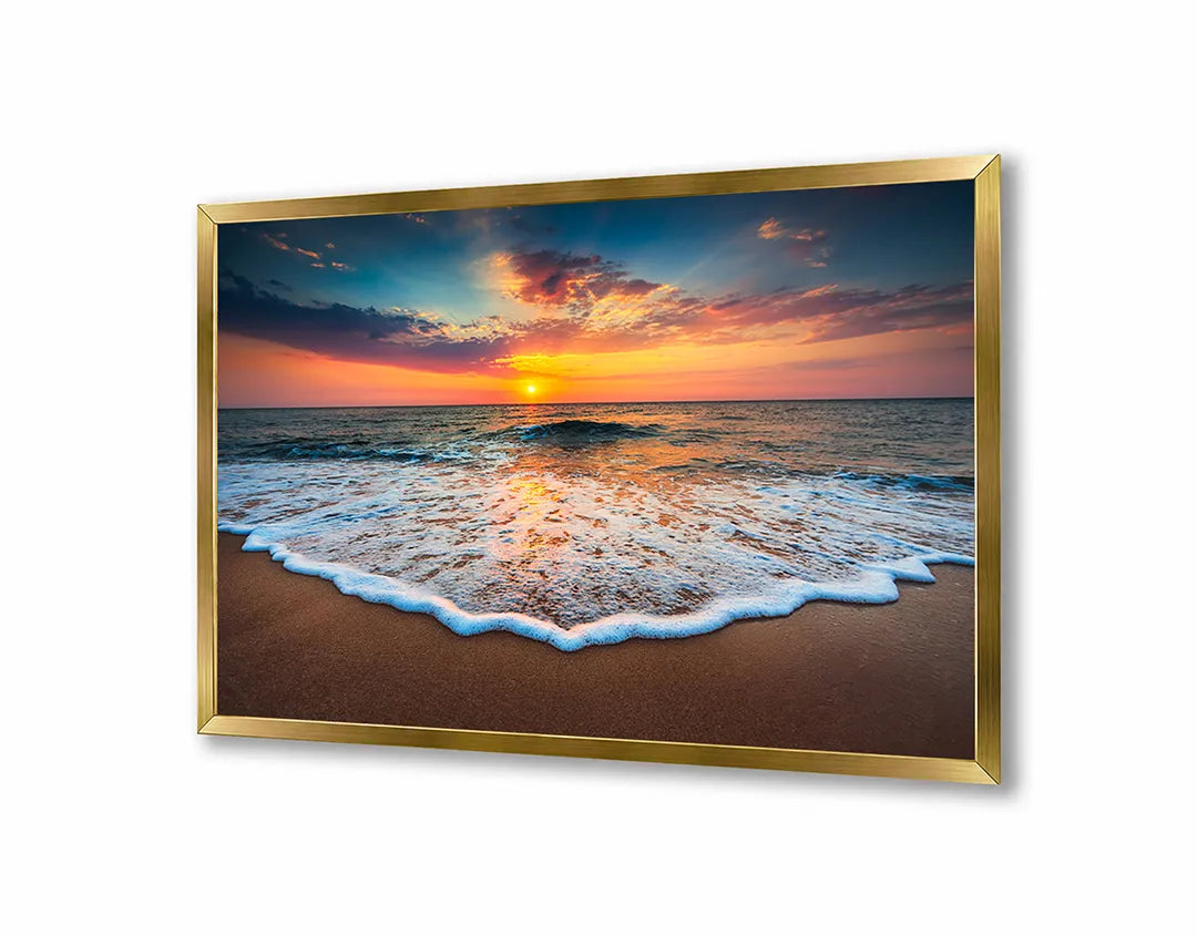 Metalen Magneetbord met afbeelding van zonsondergang over golvend strand in warm oranje en blauw kleuren