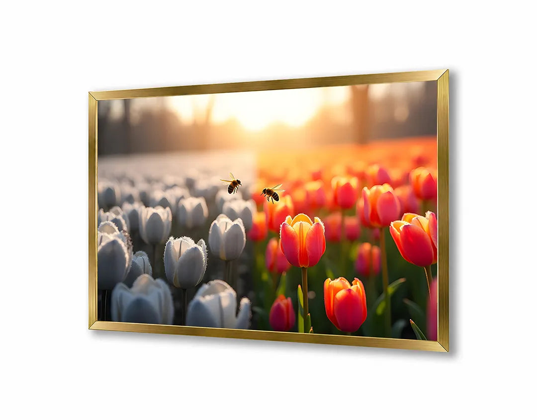 Metalen Magneetbord met hoogwaardige afbeelding van Tulpenveld wit rood zonsondergang voor aan de muur