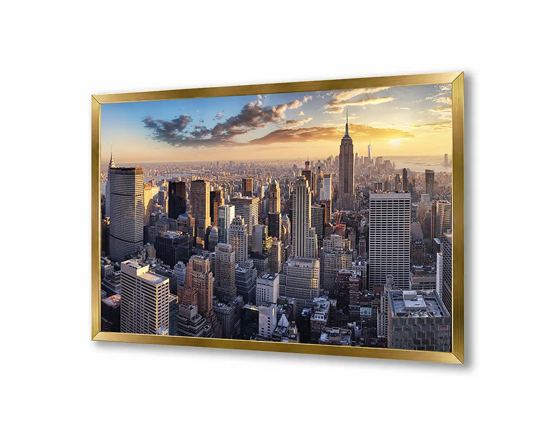Metalen Magneetbord met afbeelding van New York skyline bij zonsondergang in goud en stadsblauw kleuren