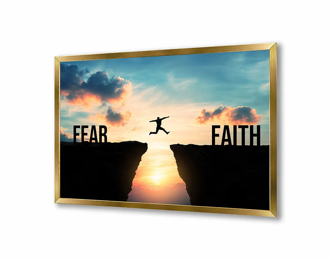Metalen Magneetbord met hoogwaardige afbeelding van Silhouet sprong fear faith voor aan de muur