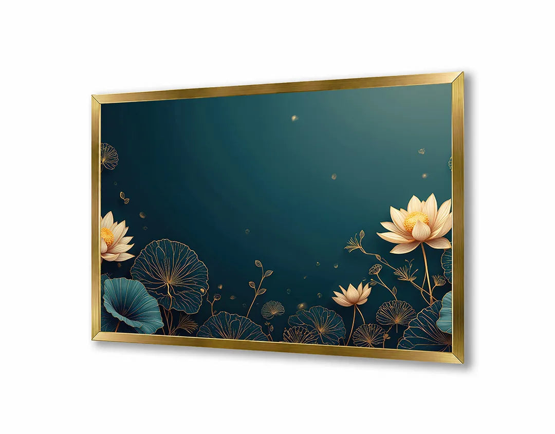 Metalen Magneetbord met hoogwaardige afbeelding van Gouden lotusbloemen blauw voor aan de muur
