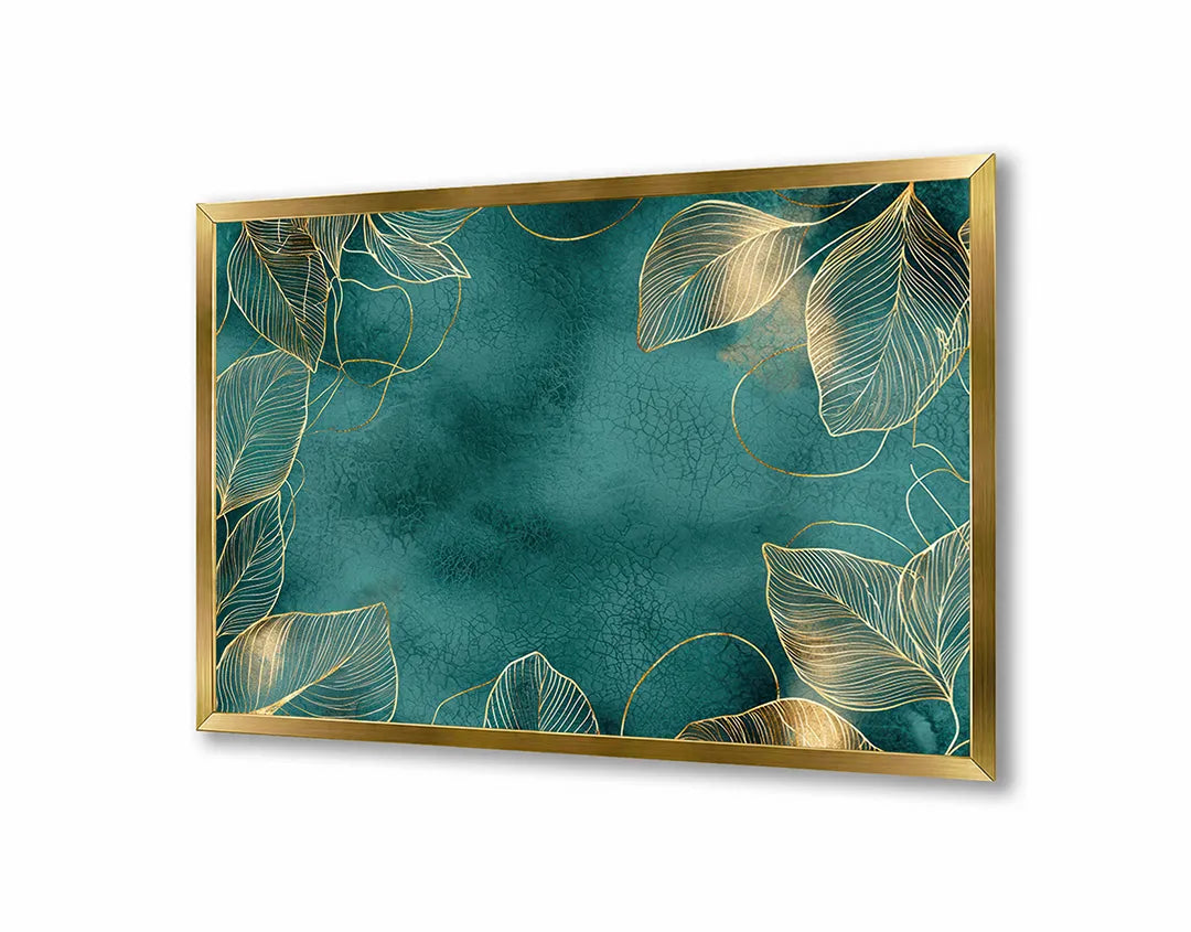 Metalen Magneetbord met hoogwaardige afbeelding van Gouden bladeren op donkergroen voor aan de muur