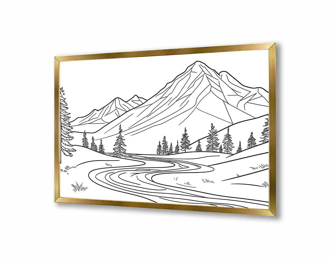Metalen Magneetbord met hoogwaardige afbeelding van Berglandschap lijntekening voor aan de muur