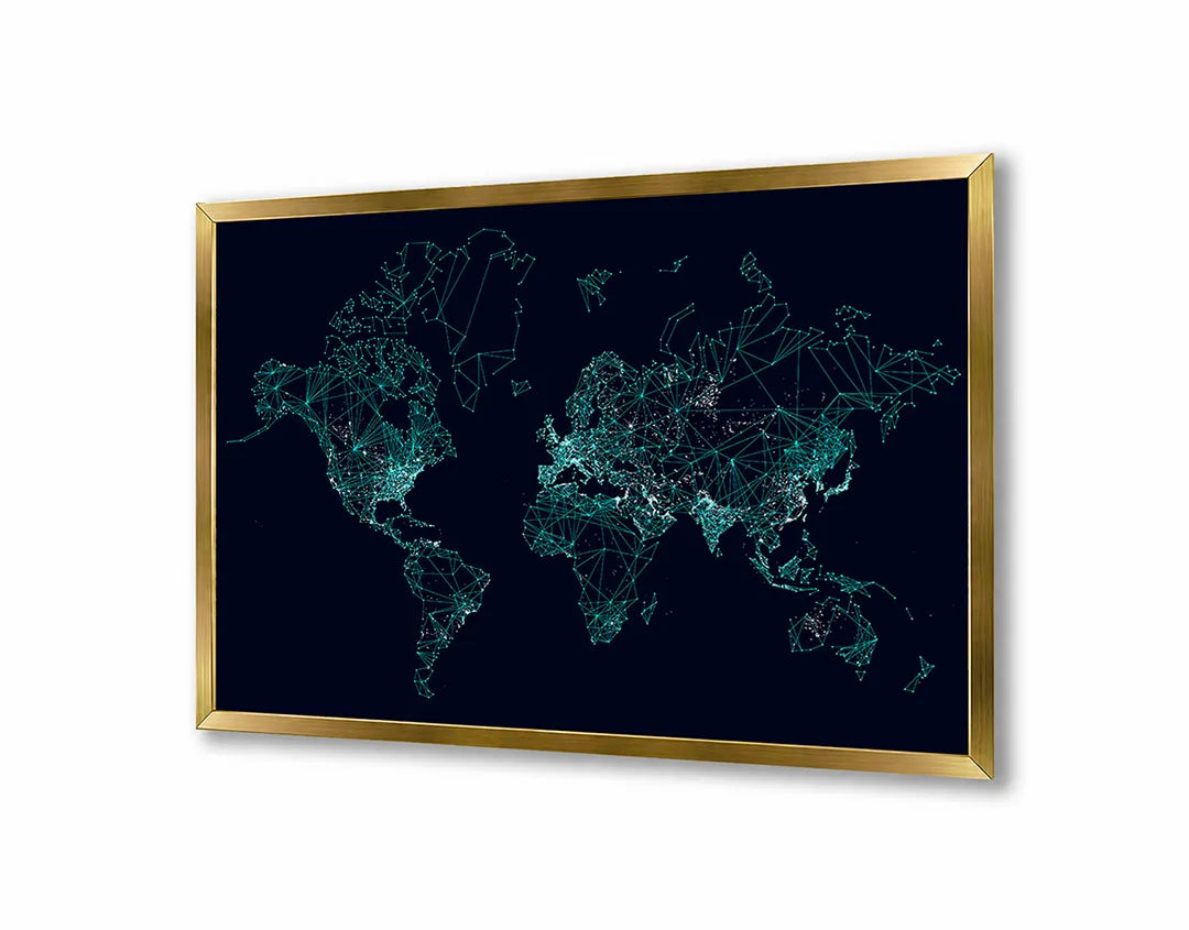 Metalen Magneetbord met afbeelding van blauwe lichtgevende wereldkaart stippen in donker met neon blauw kleuren