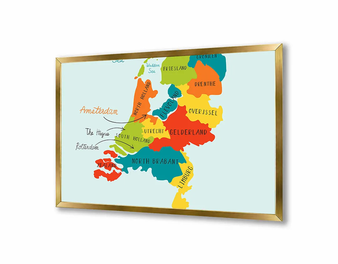 Metalen Magneetbord met afbeelding van gekleurde provinciekaart van Nederland in verschillende heldere kleuren kleuren