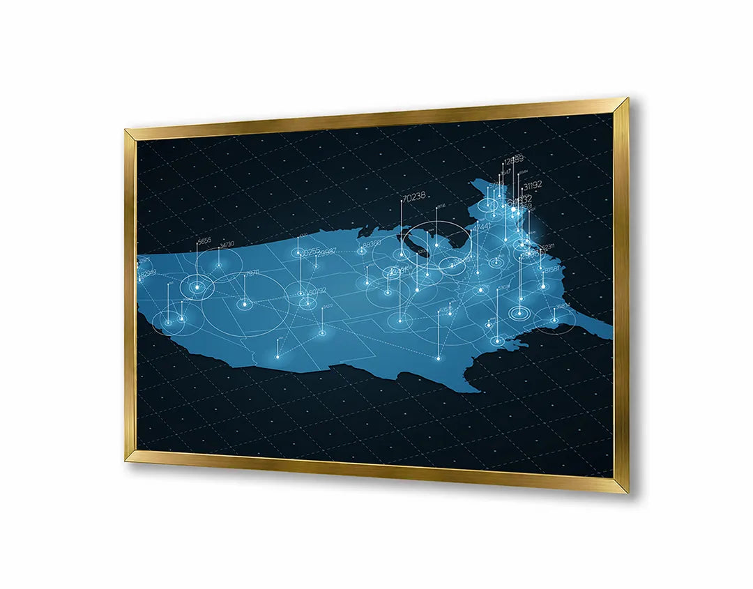 Metalen Magneetbord met afbeelding van USA landkaart met lichtnetwerk in blauw op donker kleuren