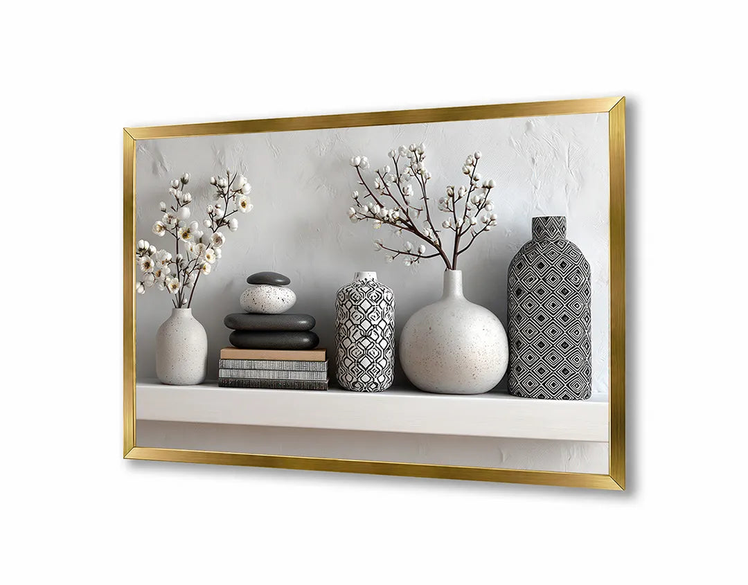 Metalen Magneetbord met hoogwaardige afbeelding van Vazen met planten op plank interieur voor aan de muur