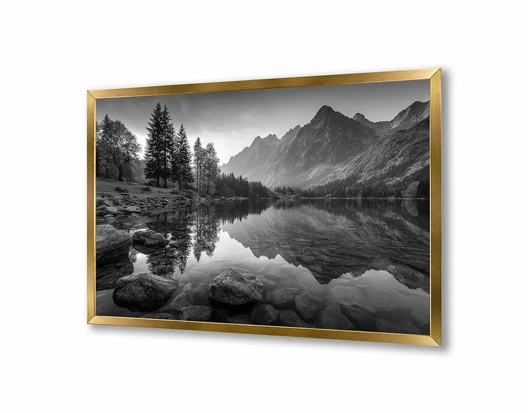 Metalen Magneetbord met hoogwaardige afbeelding van Bergmeer weerspiegeling zwart wit voor aan de muur