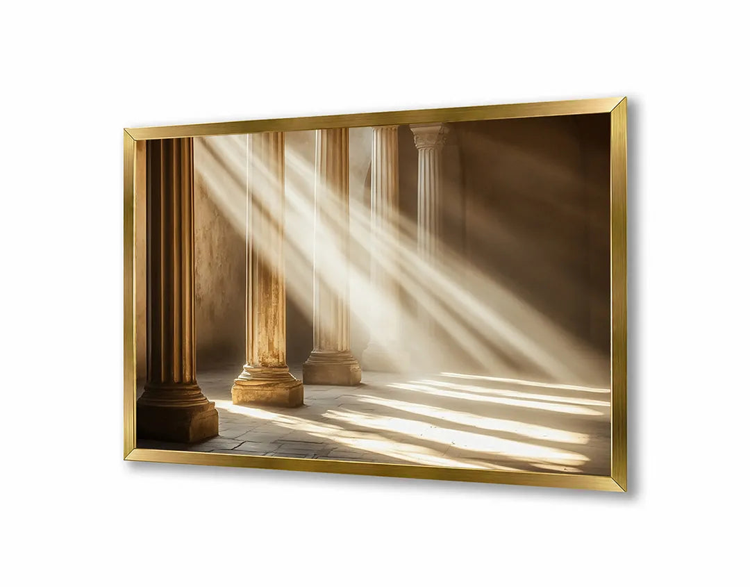 Metalen Magneetbord met hoogwaardige afbeelding van Zonnestralen door pilaren voor aan de muur