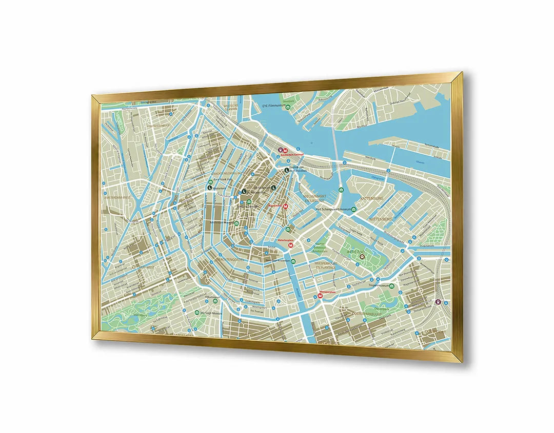 Metalen Magneetbord met afbeelding van gedetailleerde stadskaart van Amsterdam in lichte kaartkleuren kleuren