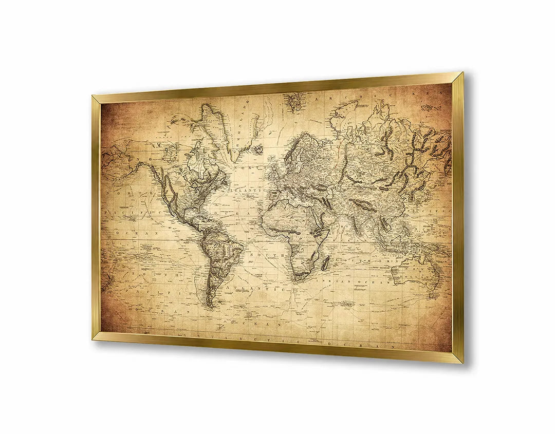 Metalen Magneetbord met afbeelding van oude wereldkaart met textuur in verweerd beige kleuren