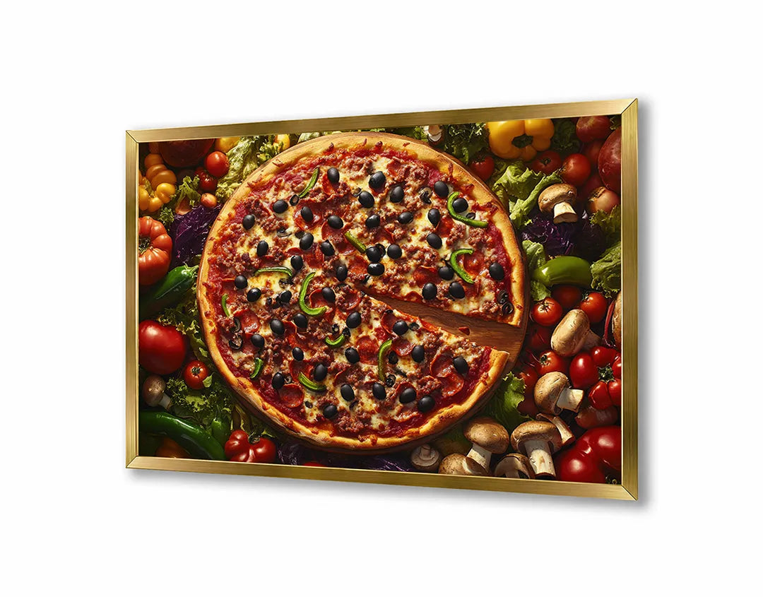 Metalen Magneetbord met hoogwaardige afbeelding van Pizza met groenten bovenaanzicht voor aan de muur