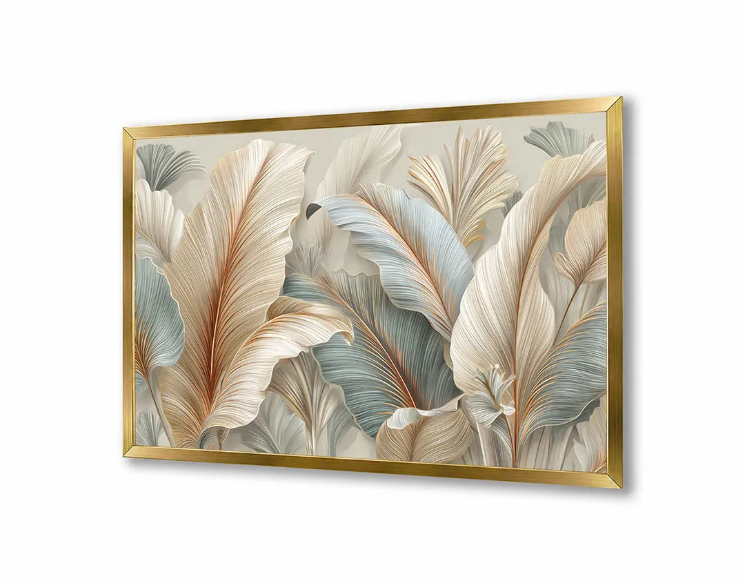 Metalen Magneetbord met hoogwaardige afbeelding van Grote veren bladeren 3D wit goud voor aan de muur