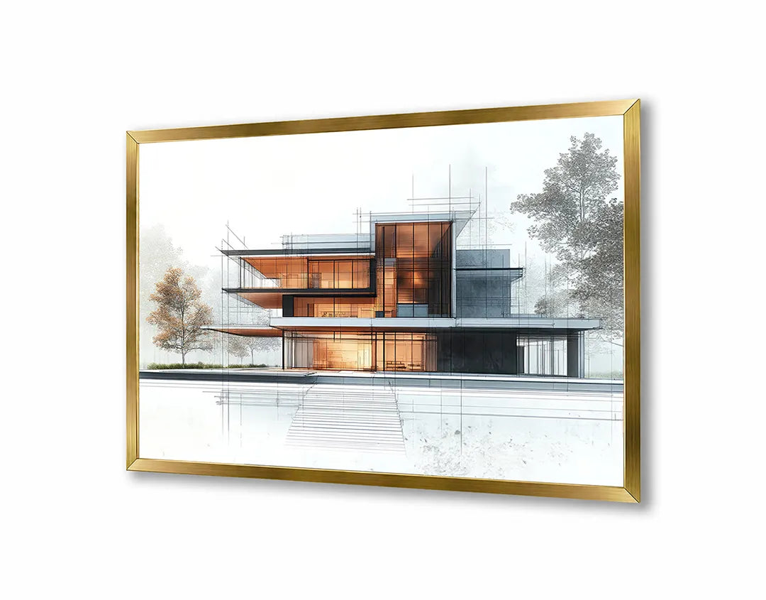 Metalen Magneetbord met hoogwaardige afbeelding van Modern huis architectuur waterkant voor aan de muur