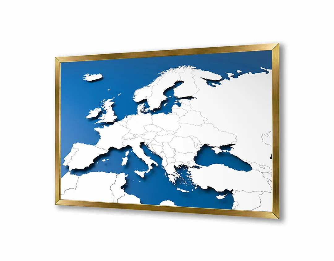 Metalen Magneetbord met afbeelding van blauw-witte Europa kaart in blauw en wit kleuren