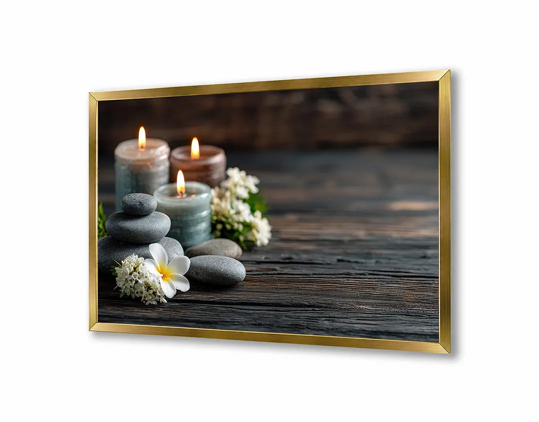 Metalen Magneetbord met hoogwaardige afbeelding van Spa stenen kaarsen orchidee voor aan de muur
