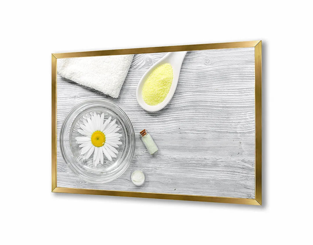 Metalen Magneetbord met afbeelding van spa elementen met witte bloemen in fris wit kleuren