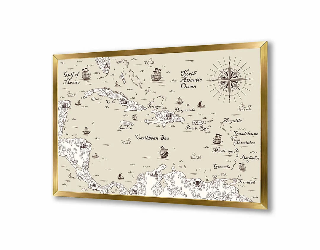 Metalen Magneetbord met afbeelding van nautische historische landkaart met schepen in klassiek perkament kleuren