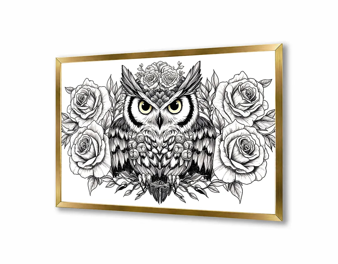 Metalen Magneetbord met hoogwaardige afbeelding van Uil illustratie met bloemen voor aan de muur