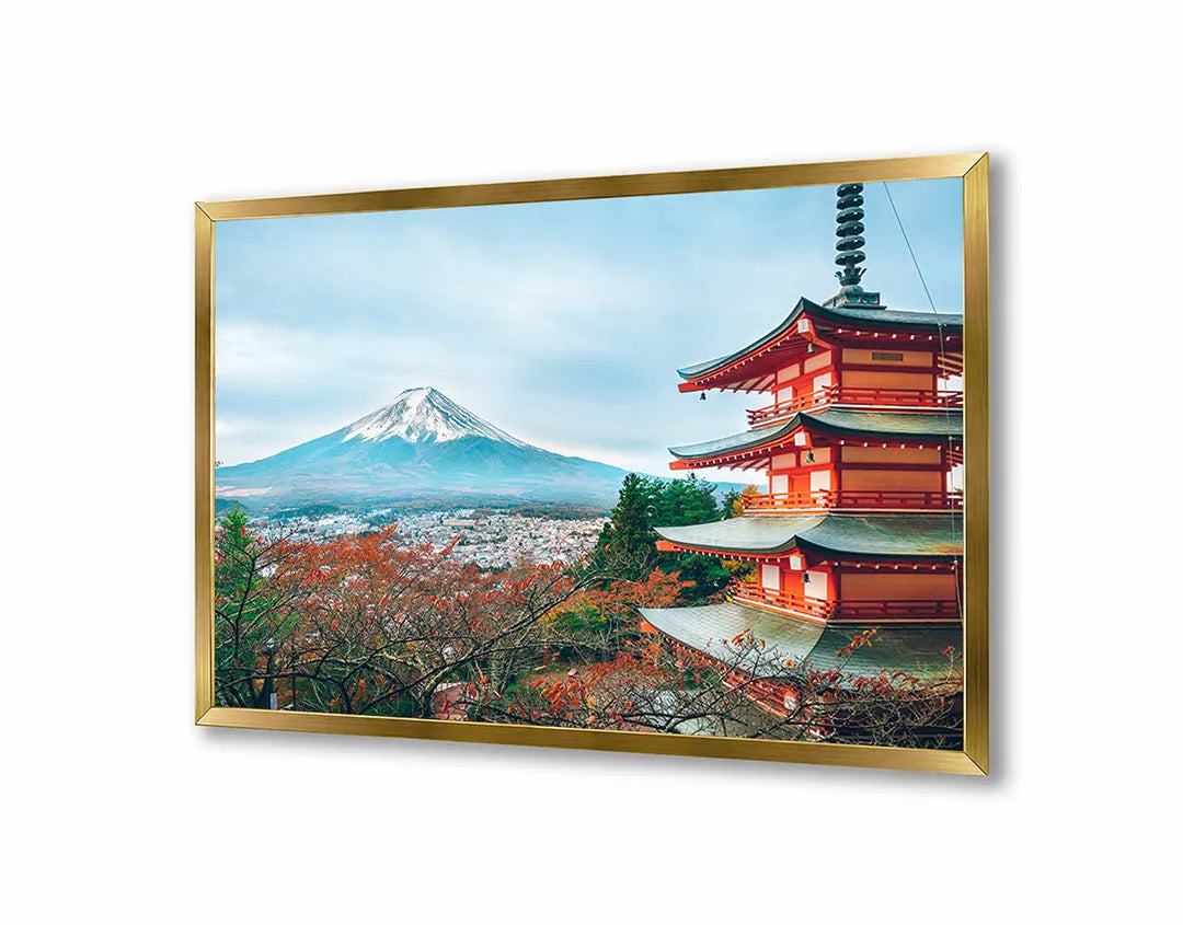Metalen Magneetbord met afbeelding van Mount Fuji en pagode in de herfst in rood en blauw kleuren