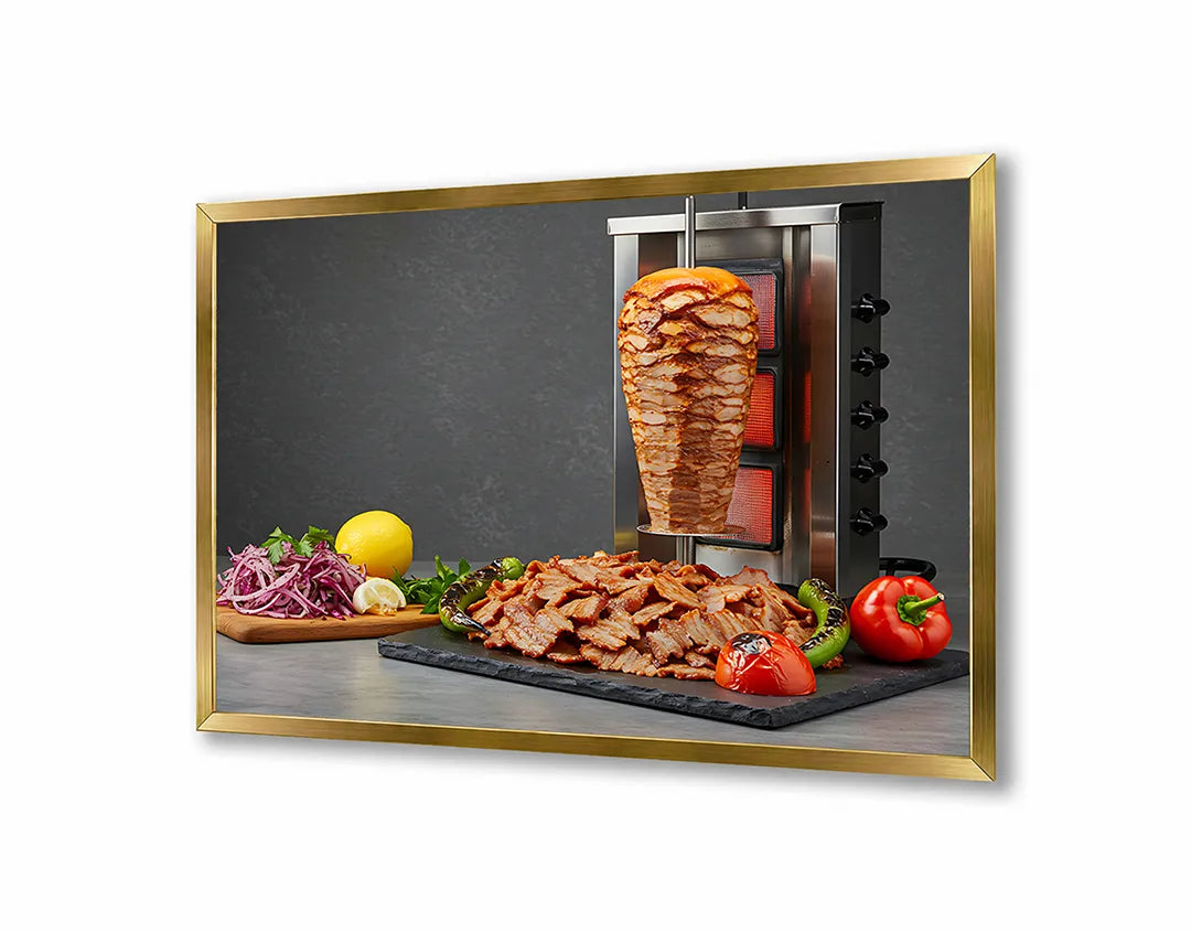 Metalen Magneetbord met hoogwaardige afbeelding van Kebab vlees spies roterend voor aan de muur
