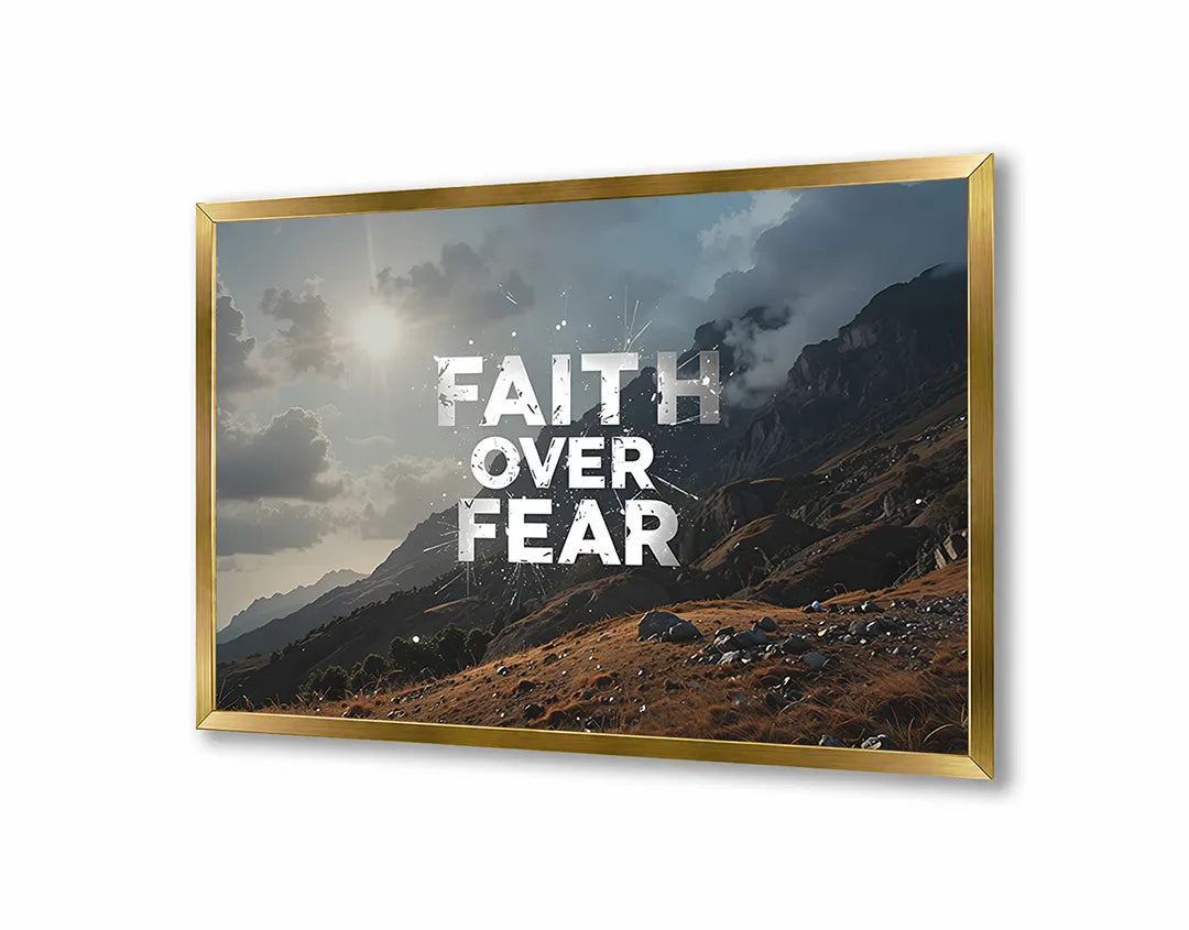 Metalen Magneetbord met hoogwaardige afbeelding van Faith over fear bergen landschap voor aan de muur