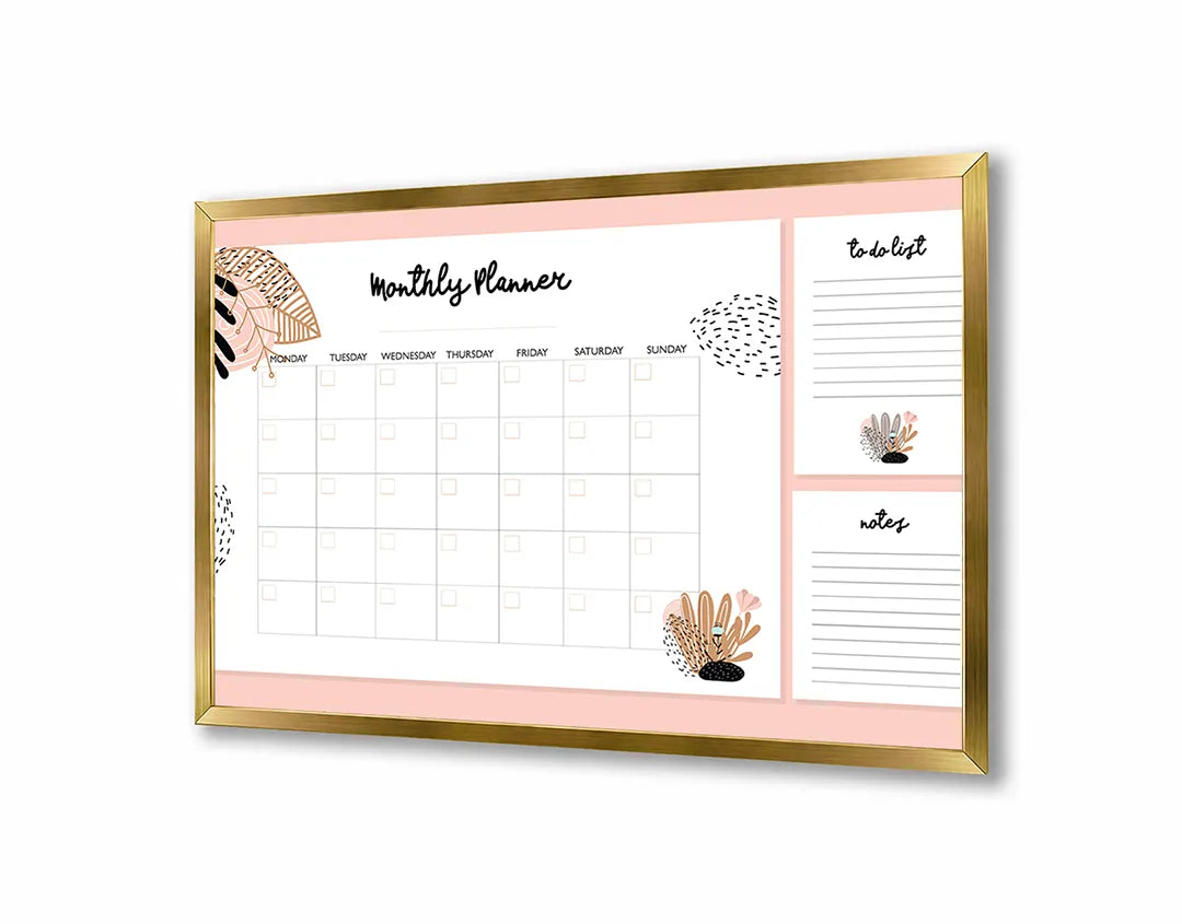 Metalen Magneetbord met afbeelding van roze en witte maandplanner in zacht roze kleuren