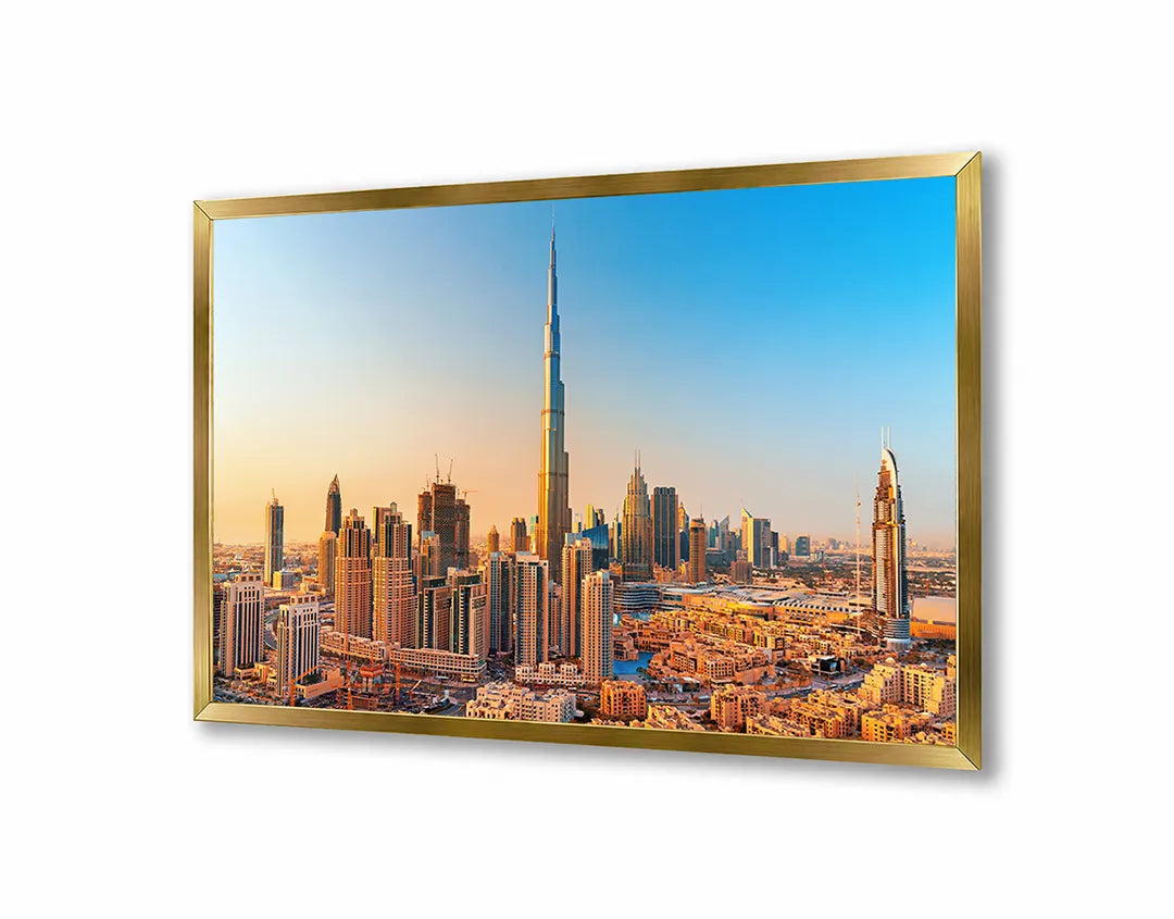 Metalen Magneetbord met afbeelding van Dubai skyline bij zonsondergang in warm goud kleuren