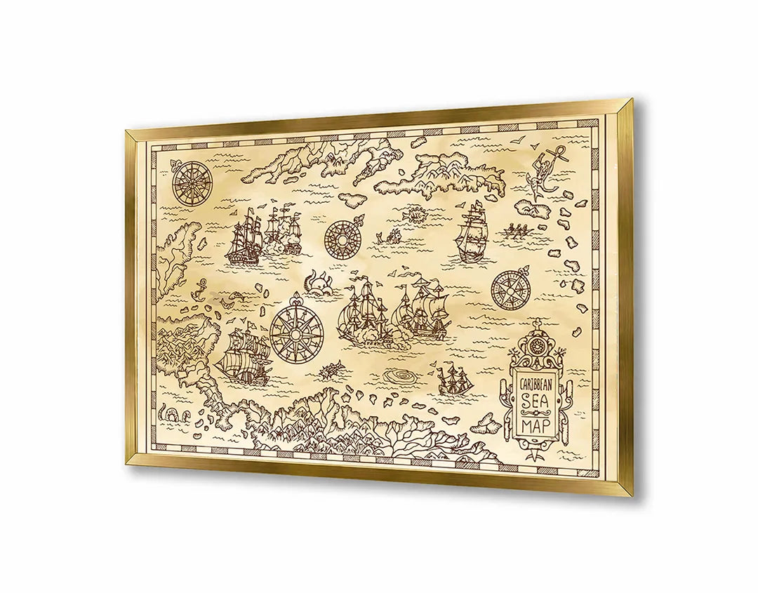 Metalen Magneetbord met afbeelding van oude piraten schatkaart in verweerd bruin kleuren