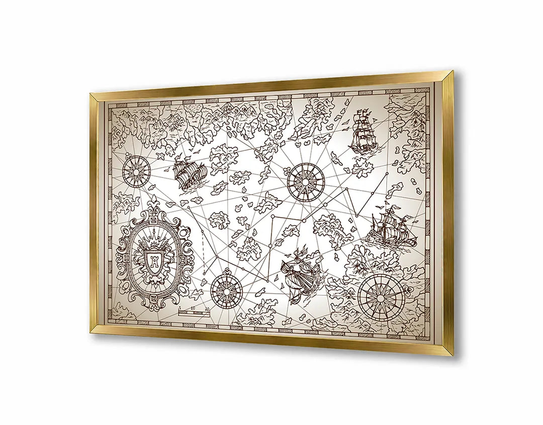 Metalen Magneetbord met afbeelding van tekeningen van piratenkaart elementen in sepia en bruin kleuren