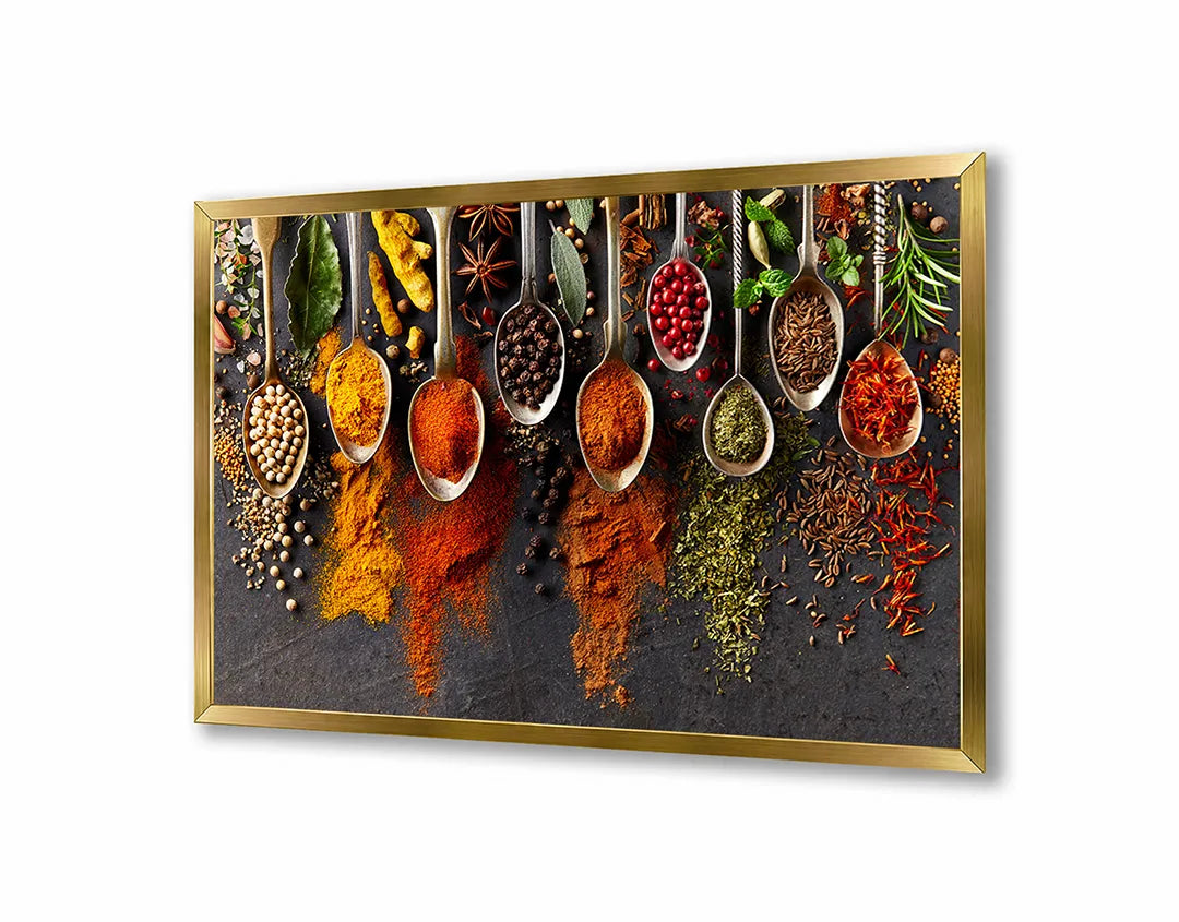 Metalen Magneetbord met afbeelding van lepels met felgekleurde specerijen in kruidige kleuren kleuren