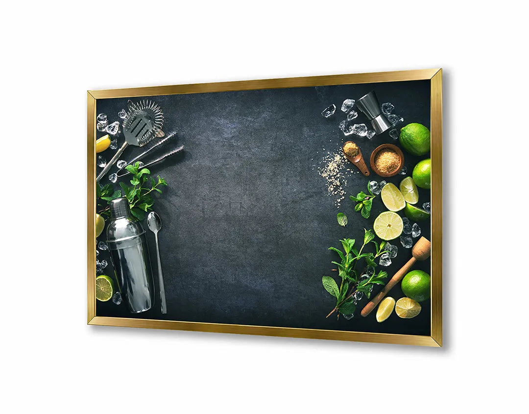 Metalen Magneetbord met afbeelding van verse groenten op een donkere achtergrond in groen en donkergrijs kleuren