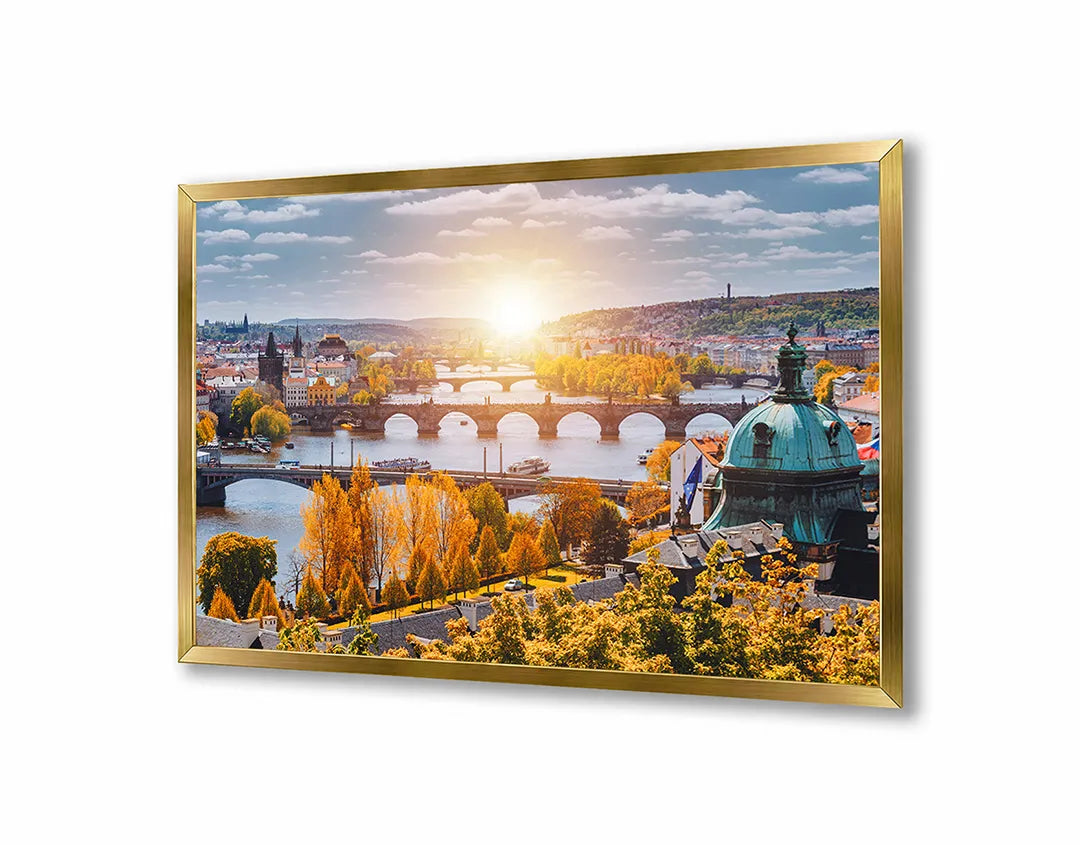 Metalen Magneetbord met afbeelding van zonsondergang over een brug in Praag in warm stadslicht kleuren