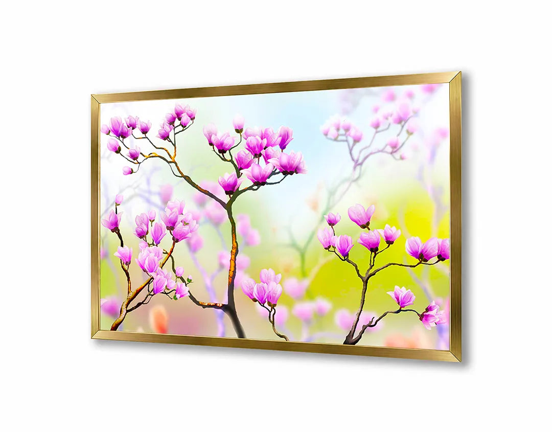 Metalen Magneetbord met afbeelding van tak met roze bloesem in zacht roze kleuren