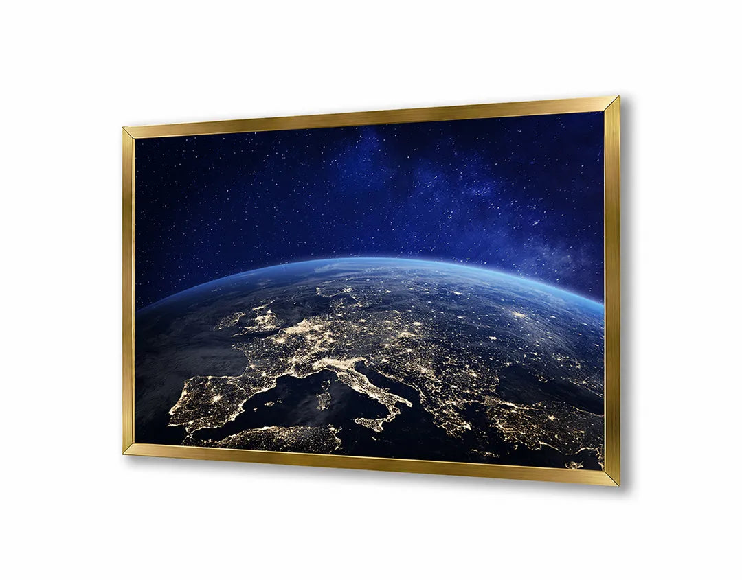 Metalen Magneetbord met afbeelding van aarde vanuit de ruimte met stadslichten in nachtblauw en geel kleuren