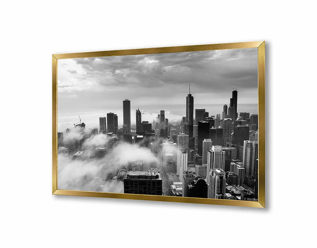 Metalen Magneetbord met afbeelding van New York skyline boven de wolken in zwart-wit kleuren