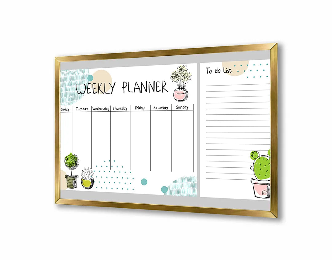 Metalen Magneetbord met afbeelding van weekplanner met schattige cactussen in wit met pastel groen kleuren