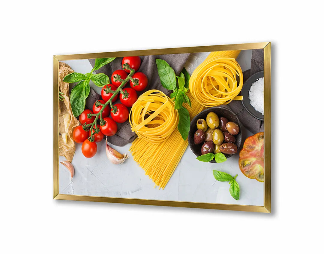 Metalen Magneetbord met afbeelding van pasta ingrediënten en tomaten in vers rood en geel kleuren