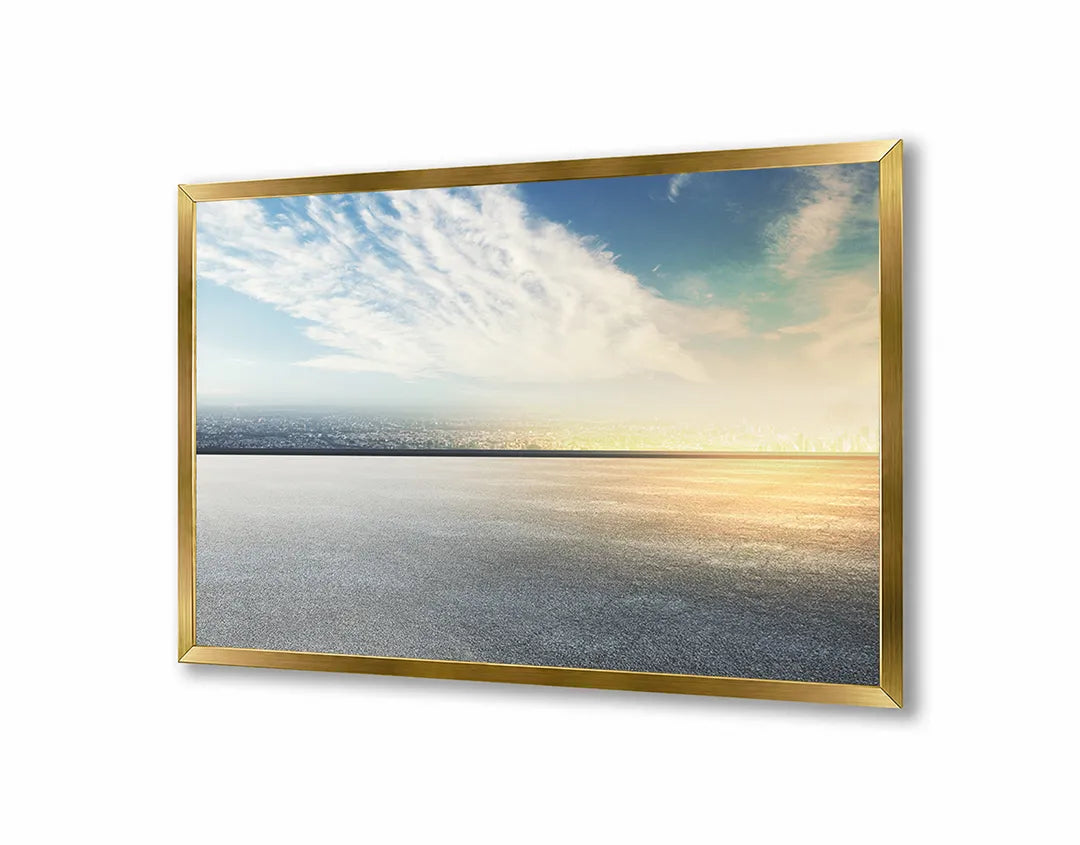 Metalen Magneetbord met afbeelding van vlak landschap met horizon in lichtblauw en grijs kleuren