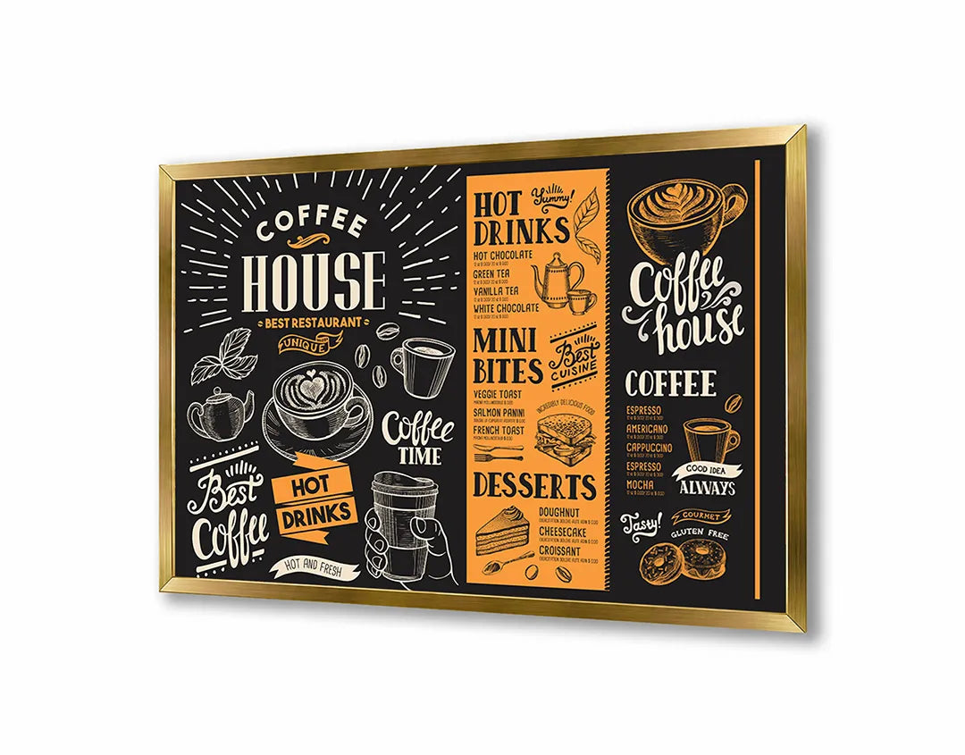 Metalen Magneetbord met afbeelding van koffiehuis krijtbord menu in zwart en oranje kleuren