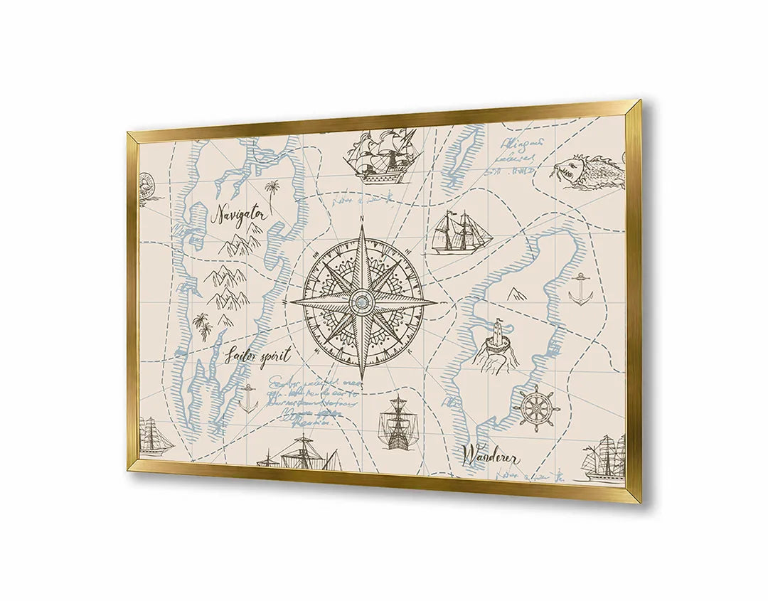 Metalen Magneetbord met afbeelding van vintage maritiem kompas met kaart in oud perkament kleuren