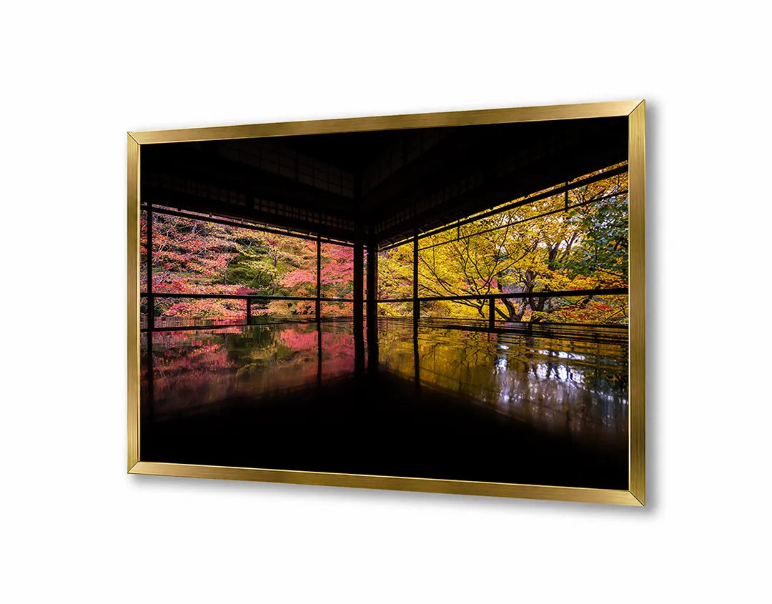 Metalen Magneetbord met afbeelding van herfstbomen gereflecteerd in het water in herfstkleuren kleuren