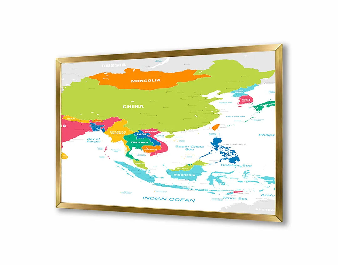Metalen Magneetbord met afbeelding van kleurrijke landenkaart van Azië in diverse heldere kleuren kleuren