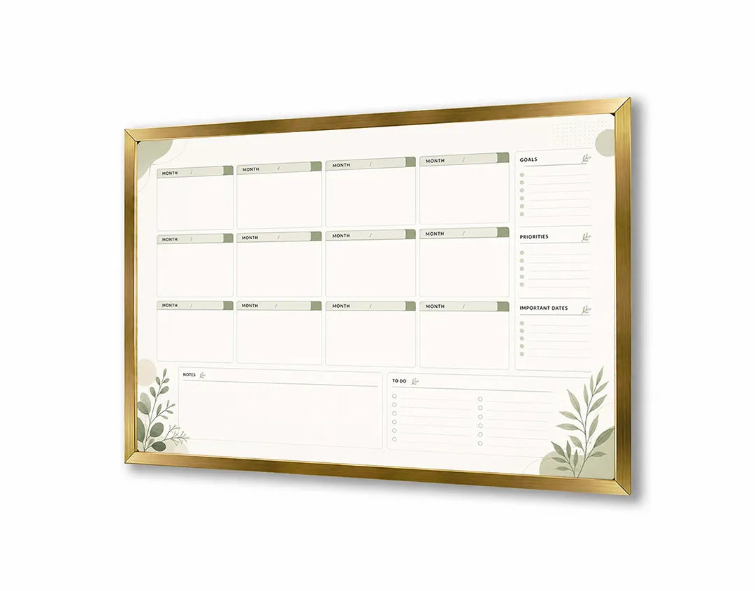 Metalen Magneetbord met overzichtelijke strakke planner omlijst door elegante groene botanische randen