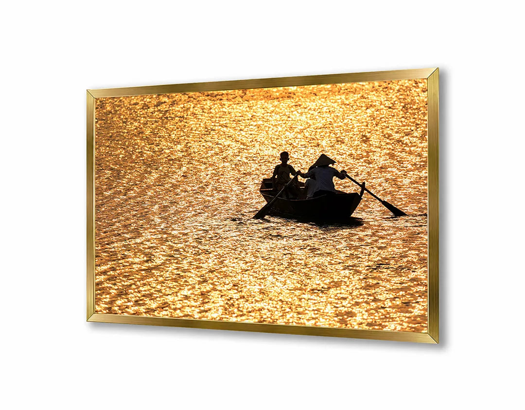 Metalen Magneetbord met gouden zonsondergang over het water en silhouet van een varend bootje