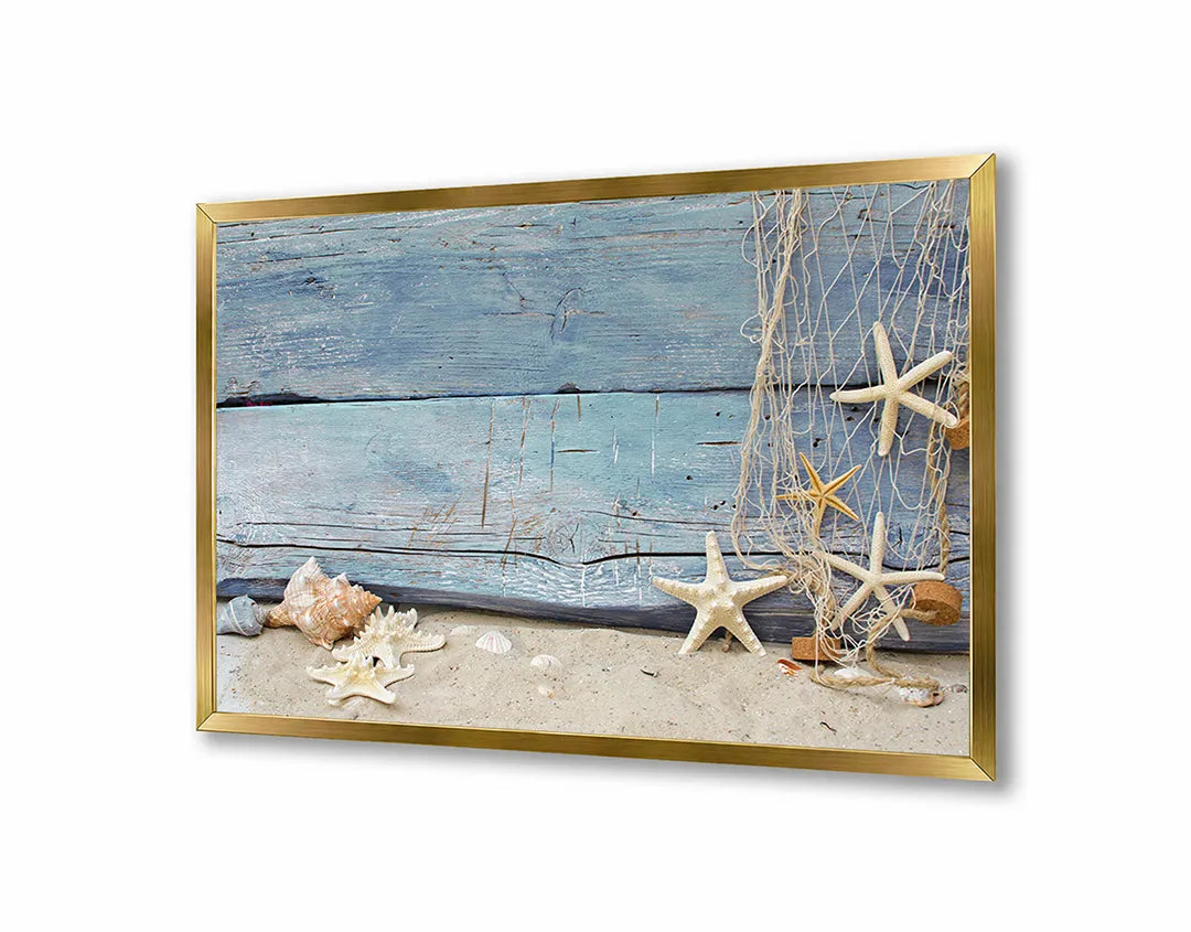Metalen Magneetbord met prachtige zeesterren op een authentiek verweerde en rustieke blauwe houten planken achtergrond