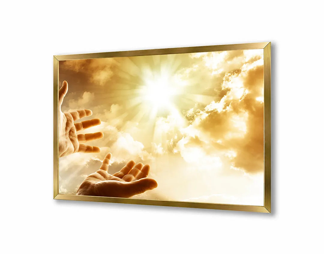 Metalen Magneetbord met afbeelding van handen reikend naar de zon in goud en geel kleuren