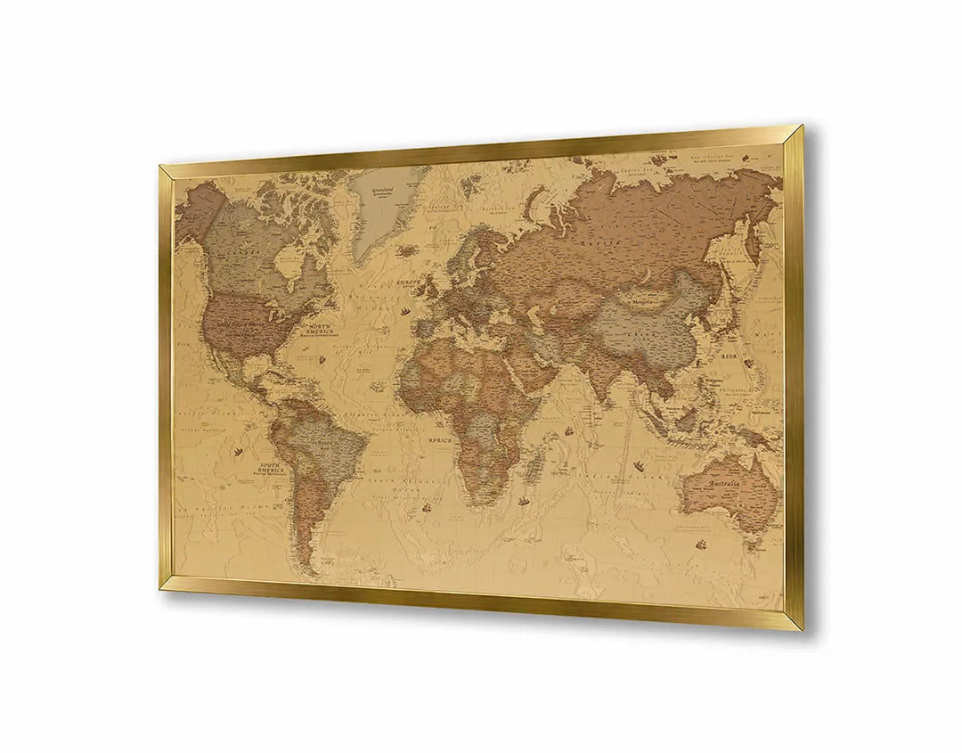 Metalen Magneetbord met afbeelding van klassieke wereldkaart in warm bruin kleuren