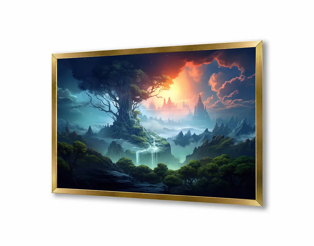 Metalen Magneetbord met print van Magisch bos zonsondergang perfect als decoratie