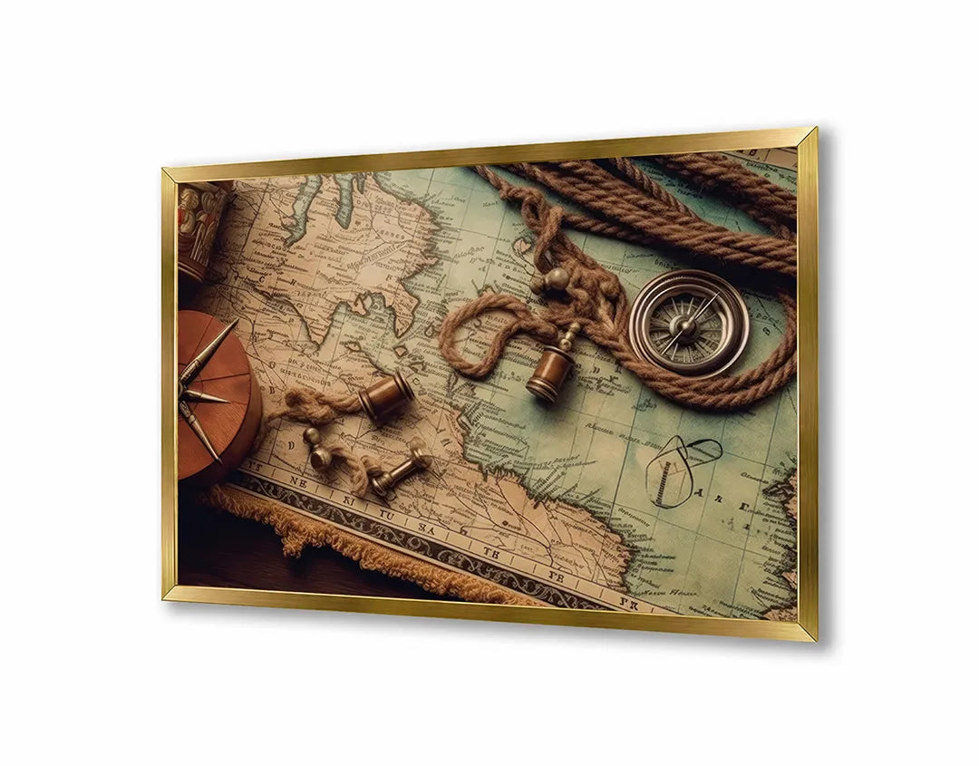 Metalen Magneetbord met print van Wereldkaart hout kompas perfect als decoratie
